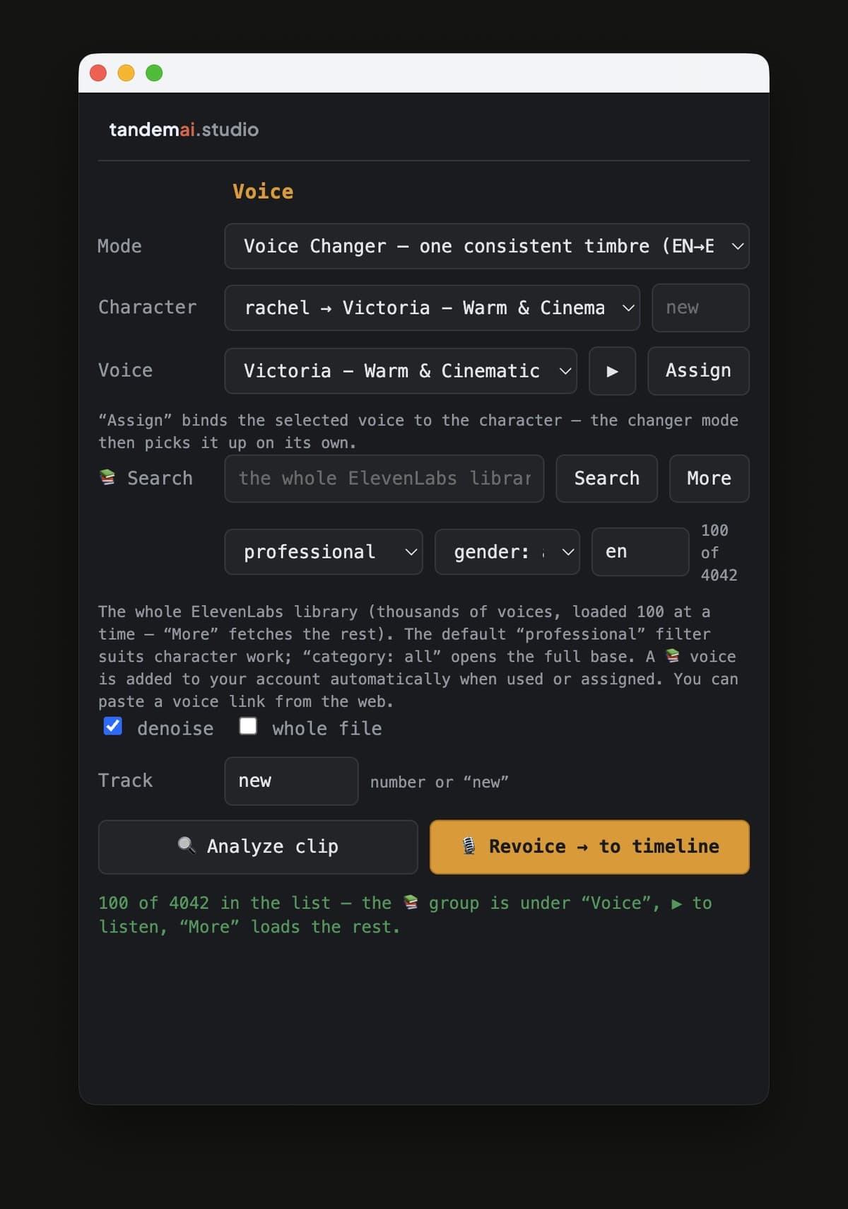 The studio's own dubbing plugin, showing a character mapped to a locked voice before a line is re-recorded onto the timeline.