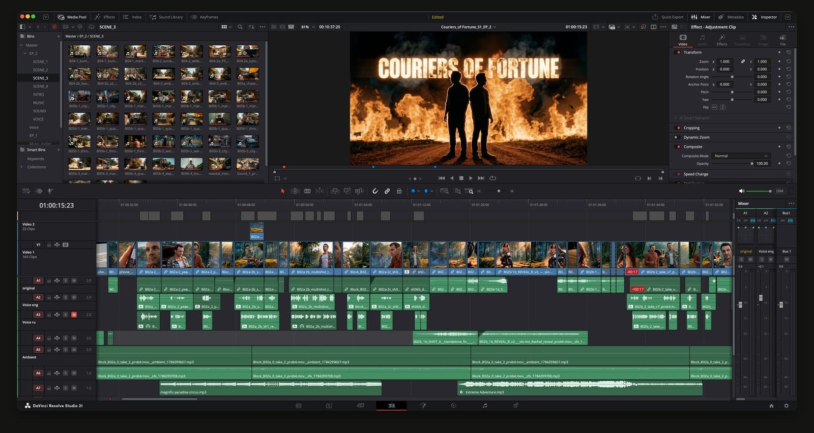 A DaVinci Resolve edit of an episode: the shot timeline above, dialogue, two dub tracks and score stacked below it.