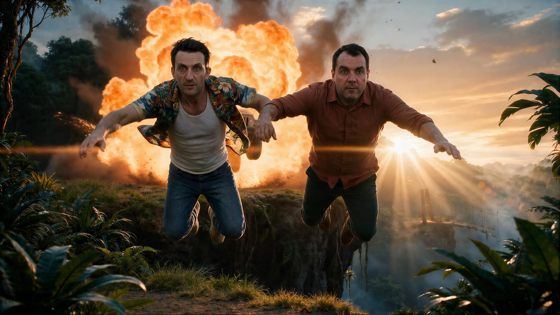 Two couriers leaping from an explosion at sunset