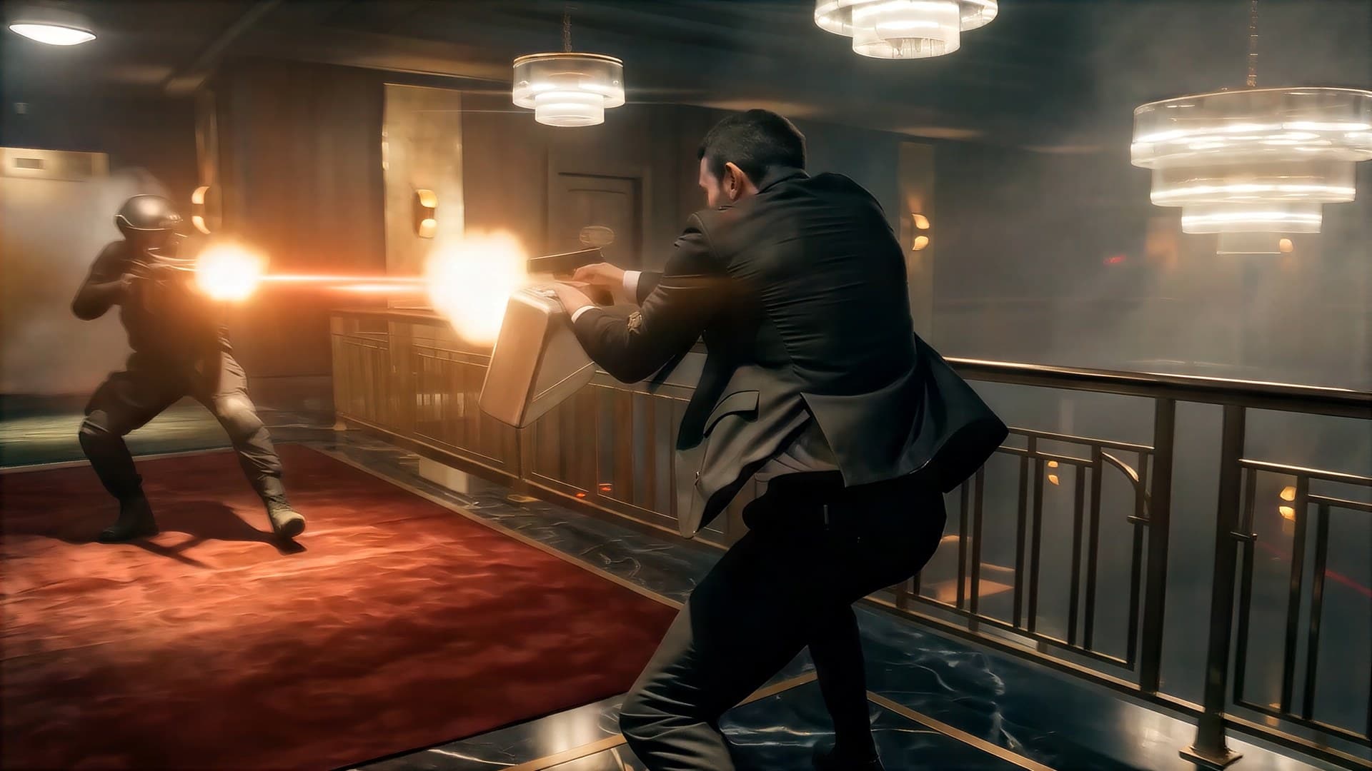 A shoot-out in a chandelier-lit interior